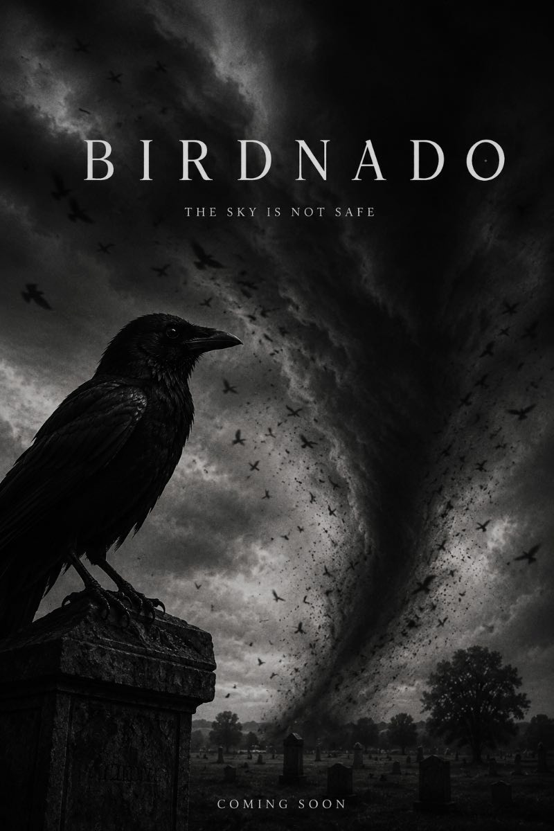 Birdnado official poster — a crow perched on a gravestone as a tornado of birds descends on a cemetery. The sky is not safe.